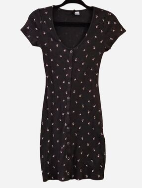 Divided Black Floral Button-Front Ribbed Dress